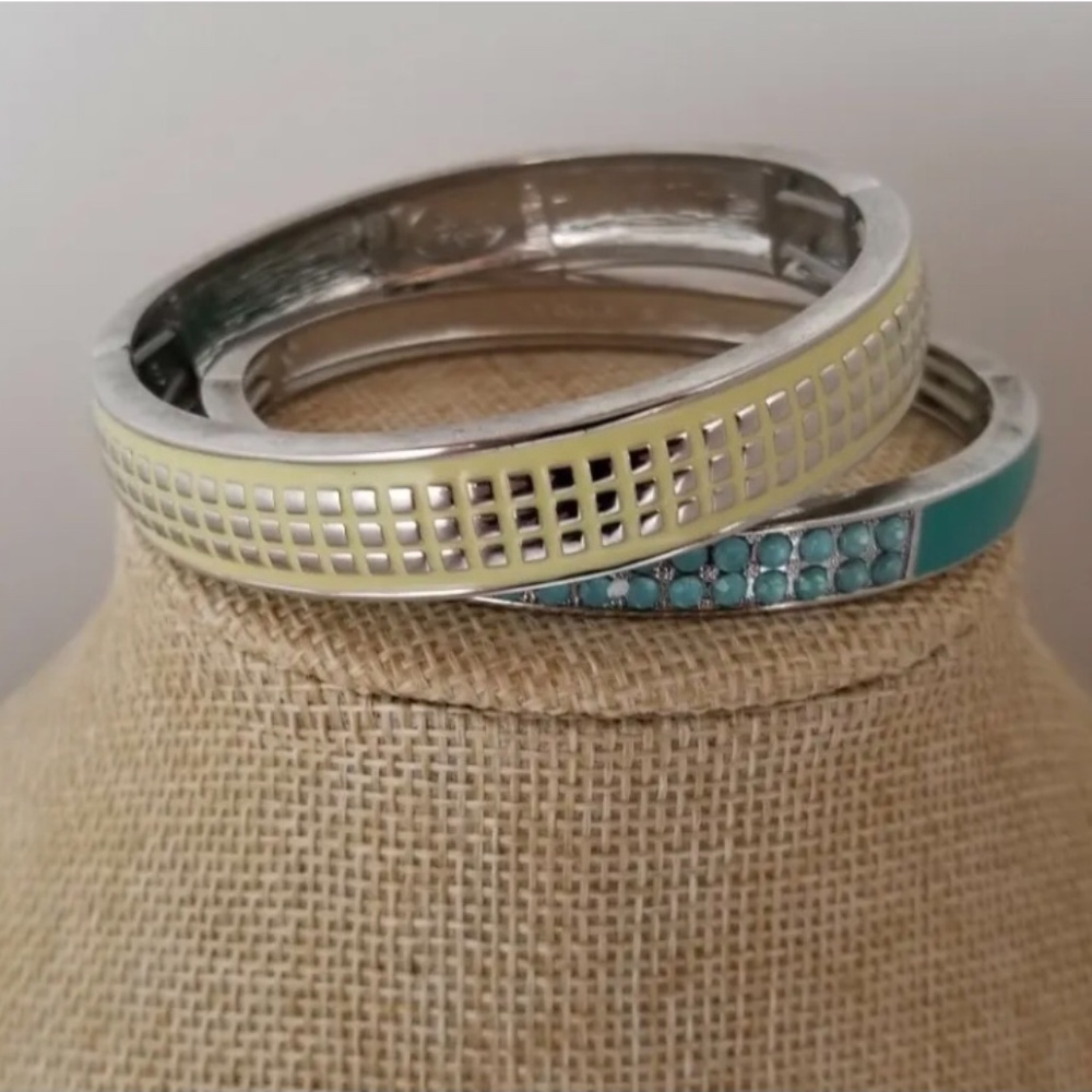 Lia Sophia Blue, yellow Enamel & Rhinestone Silvertone Bangle Bracelets.